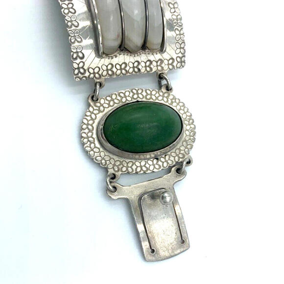 Vintage Artisan Handcrafted Sterling Silver Quartz Nephrite Wide Bracelet Mexico